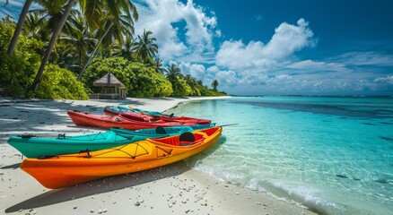 A summer tropical landscape with green palm trees and straw umbrellas on a sunny day with white sand, turquoise water and a blue sky with clouds.