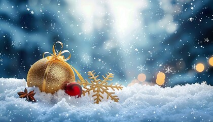 Wall Mural - Banner format Christmas background with a golden gift, snowflake, and ball in forest snowfall against blue sky. Copy space, festive winter scene, holiday decoration theme.