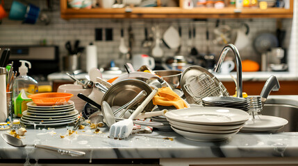 Wall Mural - Kitchen interior with utensils and utensils on shelves, dirty dishes in the kitchen sink at home,Dishwasher is loaded with dirty dishes