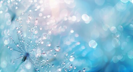 Dandelion macro flower with big and small drops of water. Sparkling droplets of water on a bright blue background. Beautiful artistic image of nature with bright color.