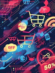 Aufkleber - An abstract illustration with a digital theme depicting online shopping discounts, featuring vibrant colors, shopping carts, and a futuristic aesthetic. Generative AI