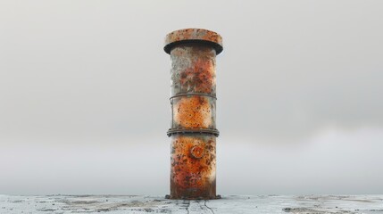 Wall Mural - Heat exchanger holographic, A close-up of a single, rusted factory chimney against a gloomy sky, representing the decline of industry during a financial crisis. , Leading lines, centered in frame,