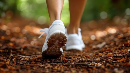 Close-up of a person's feet in white sneakers walking on a forest path covered with leaves, focusing on the shoes and ground.