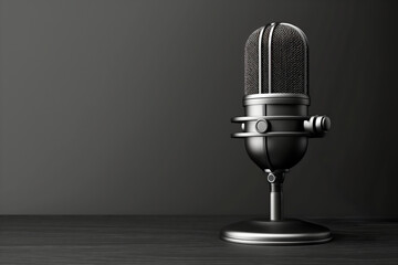 Poster - A vintage microphone on a dark wooden surface with a plain dark background, symbolizing audio recording. Generative AI
