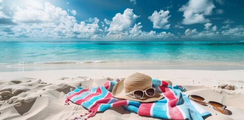 An island in the Maldives set against a white background of sand and turquoise ocean features a blue striped towel, sunglasses with a blue sky reflection, a straw beach hat, palm trees and a white