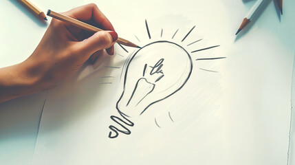 Poster - A hand sketching a light bulb idea concept on white paper, with a creative background. Generative AI