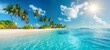 An amazing view of the beach with tall palm trees and the ocean. White sand, bright tropical summer sun, and a cloudless sky.