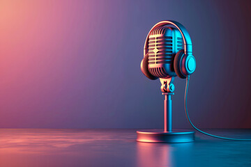 Poster - A vintage microphone with headphones on a purple and pink gradient background, illustrating a music or podcasting concept. Generative AI