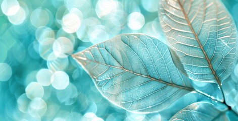 Poster - Skeletalized white leaf on blue background with round bokeh. Beautiful artistic expression of nature's beauty.
