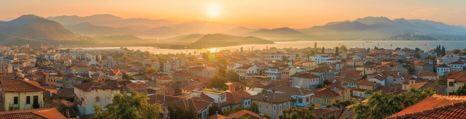 An overview of the resort town of Alanya Turkey in the cool morning light at sunrise top view. Just a few clouds in the sky with the city, mountains, and mountains giving way to a beautiful natural