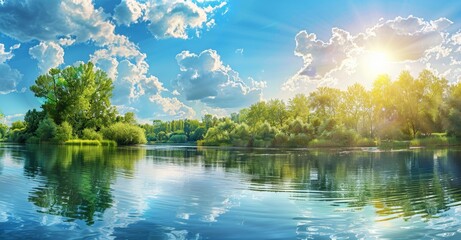 In this beautiful natural rural morning landscape, you can see a river and sunbeams piercing through green trees against a blue sky with white clouds in the background.