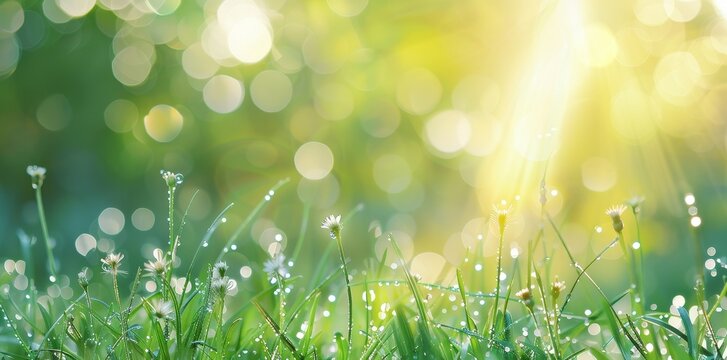 The defocused background shows the green juicy grass with drops of morning dew sparkled in the sunlight. Nice round bokeh.