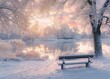 © Bundi - A bench in a snow-covered winter park with a lake and beautiful trees in frost in the morning. A beautiful blue and pink park inspired by nature.