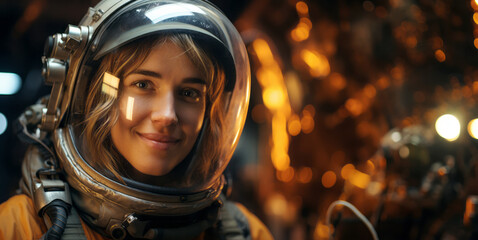 Aufkleber - Smiling person in a space helmet, bokeh lights in the background, concept of space exploration. Generative AI