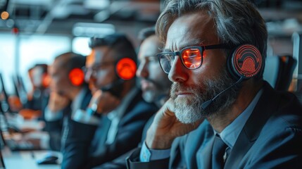 Aufkleber - Corporative leaders seem stressed about new technologies, like artificial intelligence, computers with red error on the screen, office in the background, clear background. Generative AI.