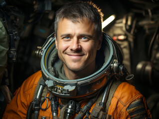 Aufkleber - A smiling man wearing an astronaut suit with a helmet against a complex mechanical background, invoking concepts of space exploration. Generative AI