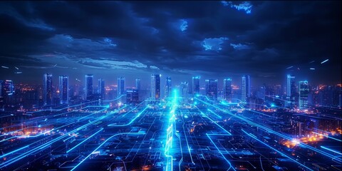 Fototapete - blue glowing line drawing of the cities and streets at night, technology and digital elements in a d