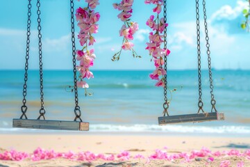 Wall Mural - Stunning swing decorated with pink flowers on sandy beach against turquoise Mediterranean Sea and blue sky on summer sunny day.