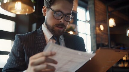 Wall Mural - Young businessman in a modern office reviewing documents closely in a focused and serious manner.