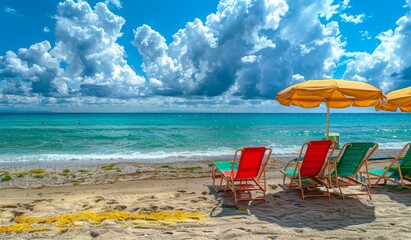 Wall Mural - A beautiful image of a golden beach on the Mediterranean Sea with blue skies, white clouds, and a turquoise sea surrounded by sun loungers and umbrellas.