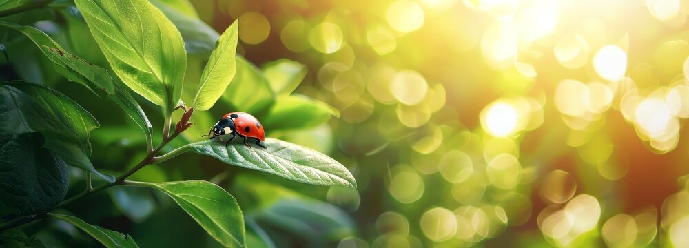 An image of fresh juicy green leaves and ladybugs lit by sunrays in nature with space for text.