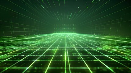 Poster - Glowing Neon Green Grid Lines on Dark Background for Tech and Gaming Product Presentations