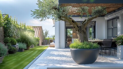 Aufkleber - Backyard with garden canopy, olive tree in white planter. Generative AI.