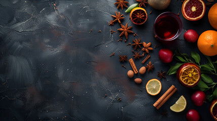 Ingredients mulled wine, grog with spices and citrus for winter,Cookies cooking concept with spices ,bake paper and herbs on black background