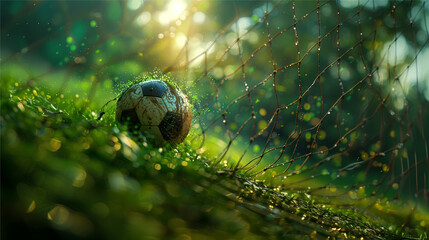 The soccer ball flew into the goal net. Green background with splashes. Bokeh effect. AI generative