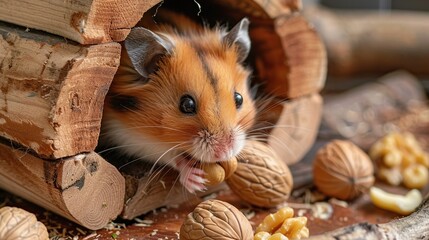 A hamster close up eats a walnut from his wooden house . Generative Ai