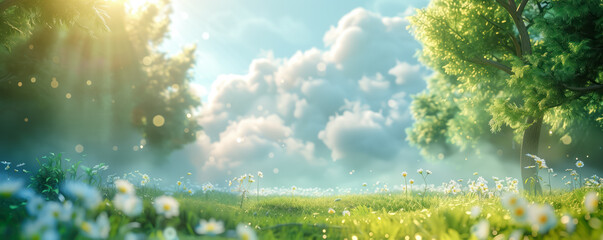 Wall Mural - Panoramic illustration of lawn with blooming flowers in natural park. Fresh air concept.