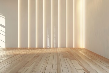 Poster - Light interior background with white textured walls and wooden floor with beautiful lighting. AI-generated.