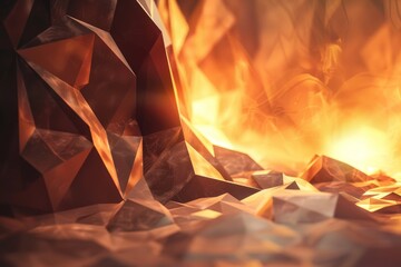 Poster - This is an artificially intelligent (AI) generated background with a golden-brown triangle wall, smooth podium and voluminous golden-brown triangles.