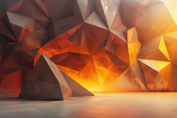 Poster - This beautiful 3D background has textured wall with voluminous golden-brown triangles and smooth podium. It was created using AI.