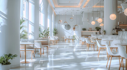 Poster - All white cafe, luxury interior design, modern and contemporary. Generative AI.