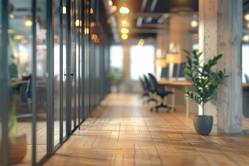 Poster - Modern offices with natural beige and brown shades in a beautiful, spacious office hall. It has panoramic windows and a pleasant view.