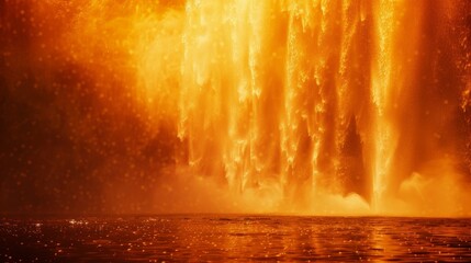 Wall Mural - the sky and water merging in fiery hues as a waterfall appears to be engulfed in flames.