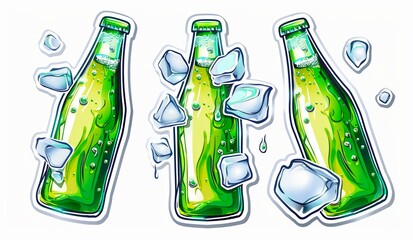 Sticker - Three ice-cold green soda bottles with ice cubes on white background. Refreshing drink concept illustrated. Perfect for summer themed designs and advertisements. AI