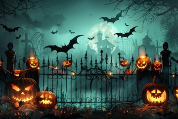 Wall Mural - This AI-generated Halloween background features pumpkins in a graveyard on a scary night.