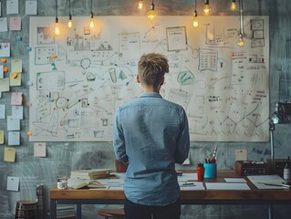 Poster - dynamic businessperson brainstorming new ideas on whiteboard in contemporary workspace