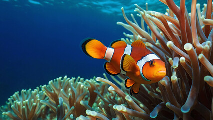 Wall Mural - Clown Fish Swimming Hunting For Food In Its Natural Habitat Underwater Photography Style 300 PPI High Resolution Image