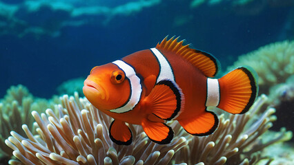 Wall Mural - Clown Fish Swimming Hunting For Food In Its Natural Habitat Underwater Photography Style 300 PPI High Resolution Image