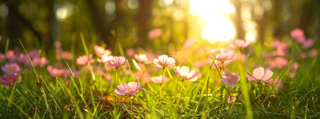 Wall Mural - Natural spring summer background with blooming wild grass close-up.