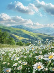 Wall Mural - Natural landscape with daisies blooming in grass along a hilly road in spring and summer.