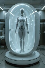 Poster - Advanced Full-Body Scanner with Spherical Chamber and Interactive Displays in Serene Medical Facility