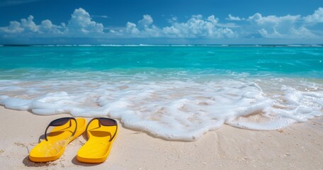 Wall Mural - Sunny day on a sandy tropical beach with sunglasses, starfish, yellow flip-flops against a blue sky in the summer.