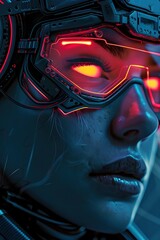 Canvas Print - Captivating Neon-Tinged Cybernetic Woman in Dramatic Augmented Portrait with Wires and Vapor Trailing