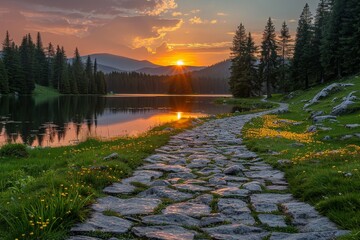 Canvas Print - a path leads to a lake with a sunset in the background