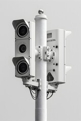 Poster - Cutting-Edge Surveillance with LIDAR Sensor and Dual Design, Mounted on Lamppost with Streamlined Futuristic Aesthetic