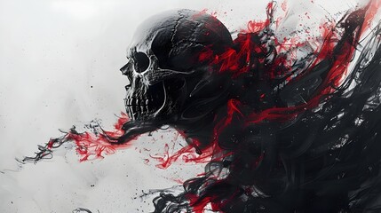 Canvas Print - Ethereal Skeletal Figure Shrouded in Swirling Black and White Ink Flames with Smoldering Crimson Skull